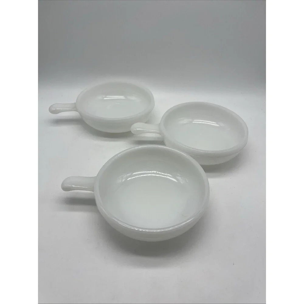 Vintage Glasbake Soup Bowls White Milk Glass Handled Crocks, Set of 3 With Lids